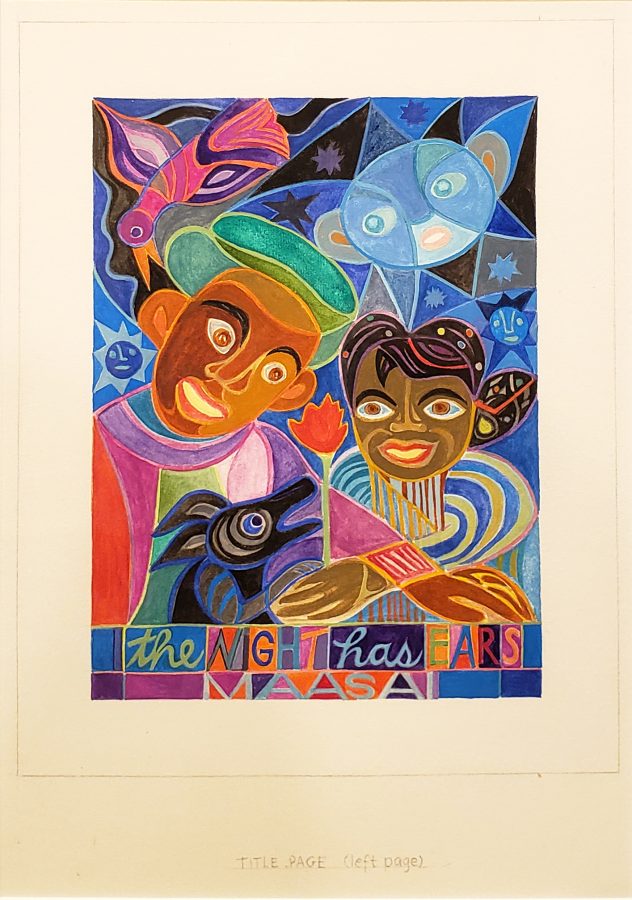 Ashley Bryan, The Night Has Ears, Massai, African Proverbs, (Cover/Left Page), n.d., watercolor and tempera on paper, 18 3/4 x 15 in. (framed), Bates College Museum of Art, gift of Henry Isaacs and Donna Bartnoff Isaacs, 2020.2.5