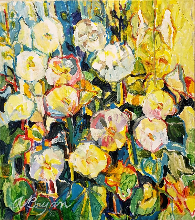 Ashley Bryan, #4 White Hollyhocks, n.d., acrylic on canvas, 32 x 28 in., Bates College Museum of Art, gift of Henry Isaacs and Donna Bartnoff Isaacs, 2019.2.2