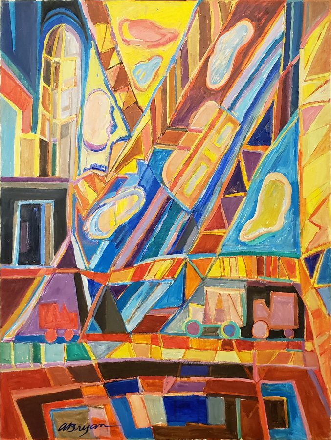 Ashley Bryan, Roosevelt Cable Cars, 1980s, acrylic on canvas, 48 x 36 in., Bates College Museum of Art, gift of Henry Isaacs and Donna Bartnoff Isaacs, 2020.2.7