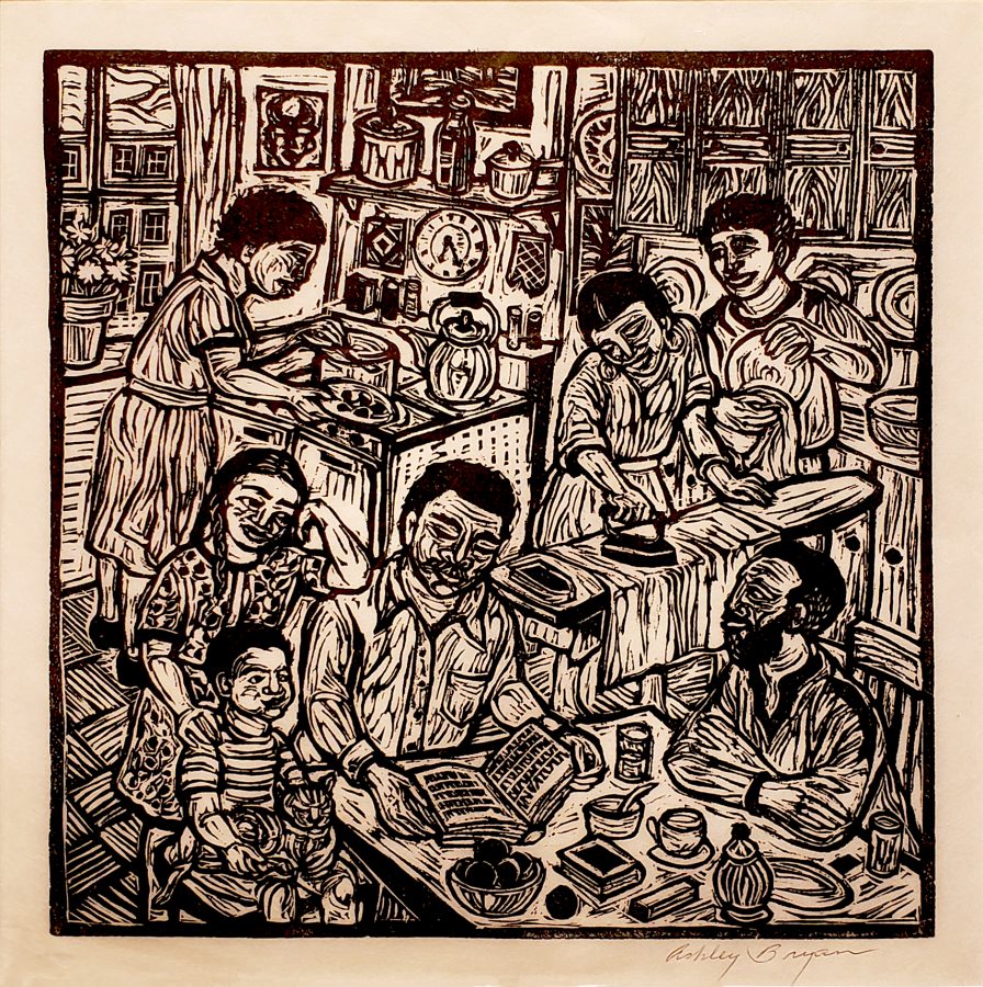 Ashley Bryan, Family Circle (Self Portrait), ca. 1970, linocut on paper, 18 1/4 x 17 7/8 in. (framed), Bates College Museum of Art, gift of Henry Isaacs and Donna Bartnoff Isaacs, 2019.2.11