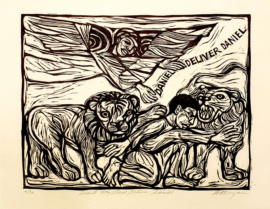 Ashley Bryan, Didn’t My Lord Deliver Daniel, n.d., linocut on paper, 13 x 16 in. (framed), Bates College Museum of Art, gift of Henry Isaacs and Donna Bartnoff Isaacs, 2019.2.10