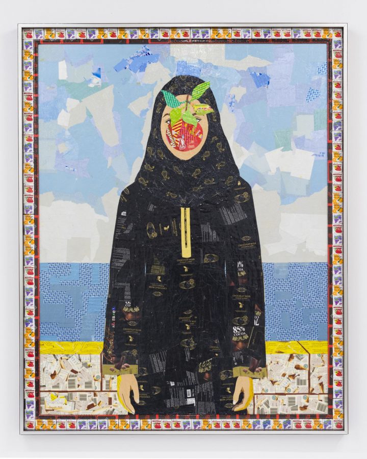 Ghada Al Rabea (Saudi, b. 1979), Bint Al Rijal, 2016, candy wrappers on wood, 52 1/4 x 46 inches, Bates College Museum of Art purchase, 2017.6.1