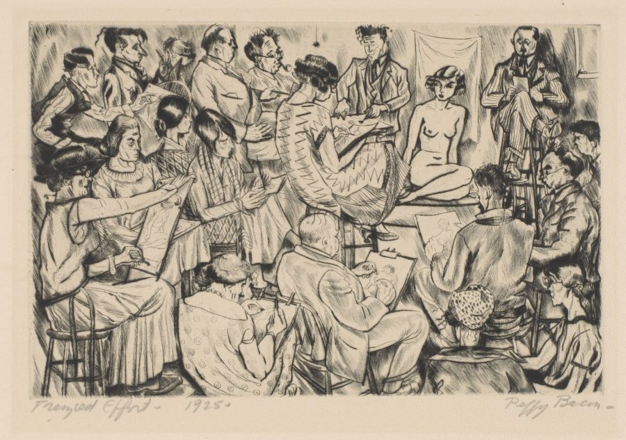 Peggy Bacon (American, 1895 - 1987), Frenzied Effort (The Whitney Studio Club), 1925, Drypoint on paper, 5 3/4 x 9 inches, Bates College Museum of Art, gift of Caroline P. Ehrenfest, Class of '39, 1989.9.11