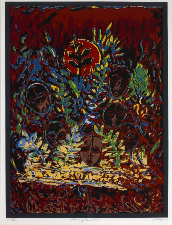 David Driskell (American, 1931 – 2020), Dance of the Masks, 2008, serigraph, artist’s proof VII, Bates College Museum of Art purchase with the Jean LeMire Payne '53 Fund, partial gift of the Artist and Greenhut Galleries, 2008.3.1