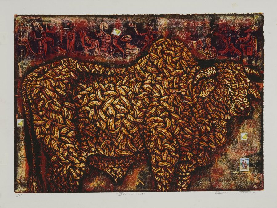 Peterson Kamwathi (Kenyan, b. 1980), Banana’s, 2007, woodcut and collage, Bates College Museum of Art purchase with the Robert A. and Minna F. Johnson Art Acquisition Fund, 2008.9.1 