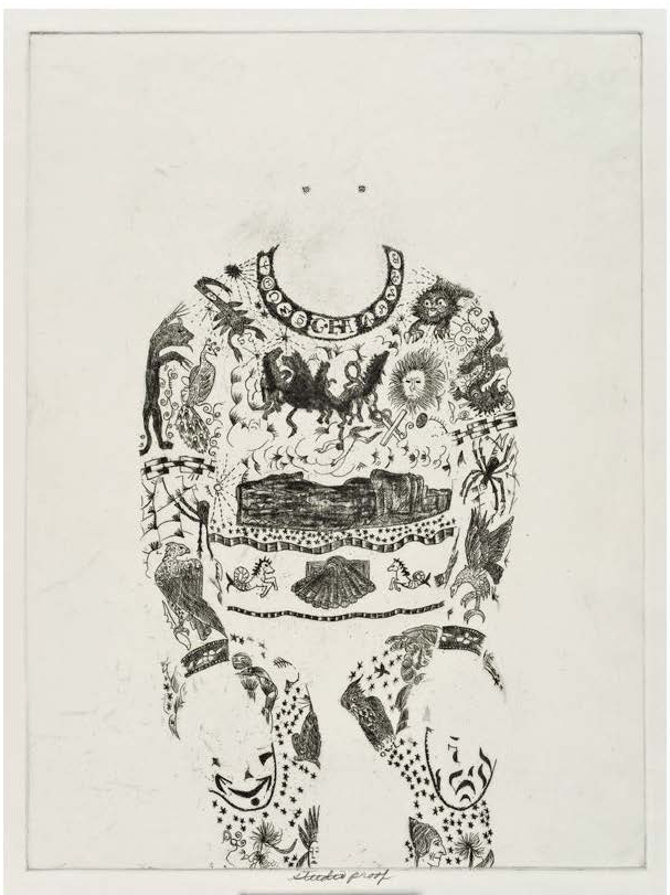Beth Van Hoesen (American, 1926-2010), Tattoo Man (Study Proof), 1966, etching on paper, 15 1/4 x 11 1/4 inches, Bates College Museum of Art, gift of the E. Mark Adam and Beth Van Hoesen Adams Trust, 2012.20.17
