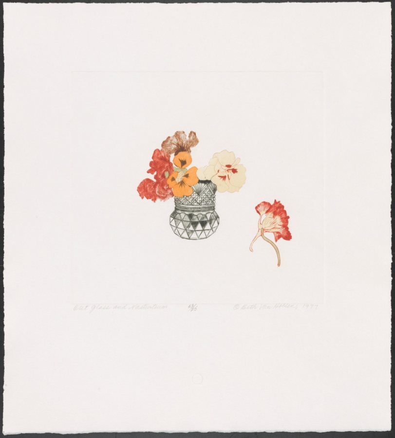 Beth Van Hoesen (American, 1926-2010), Cut Glass and Nasturtiums (23/25), engraving on paper, 8 1/4 x 9 inches, Bates College Museum of Art, gift from the E. Mark Adam and Beth Van Hoesen Adams Trust, 2012.20.7