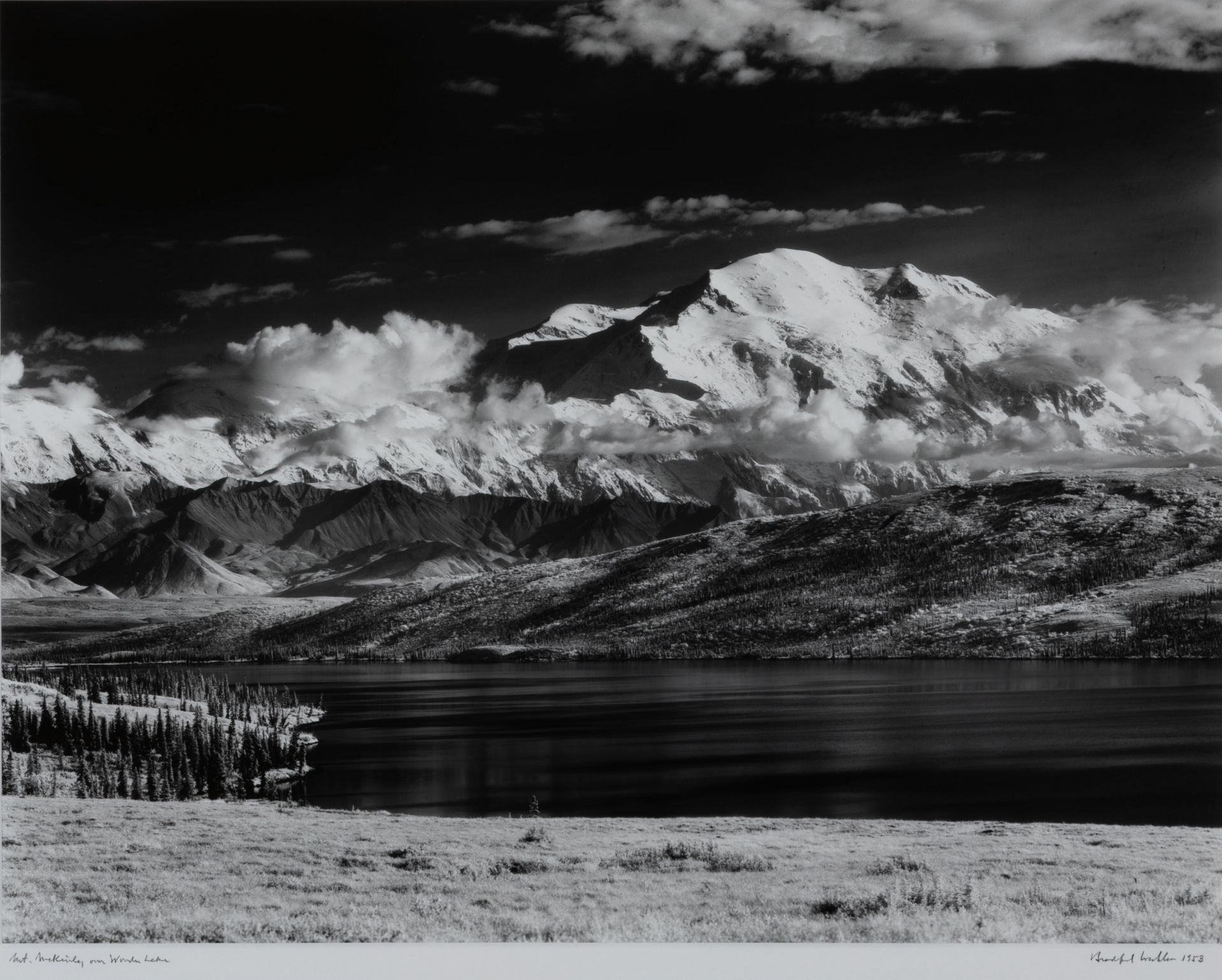 Bradford Washburn, Mount McKinley over Wonder Lake, 1953, silver gelatin print, 2020.1.49