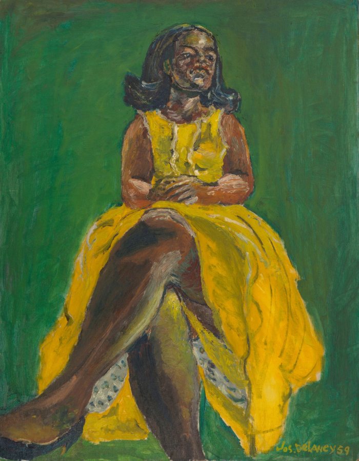 Joseph Delaney, Woman in Yellow Dress, 1959, oil on board, 28 x 21 34 inches, Museum of Art, 2012.9.2
