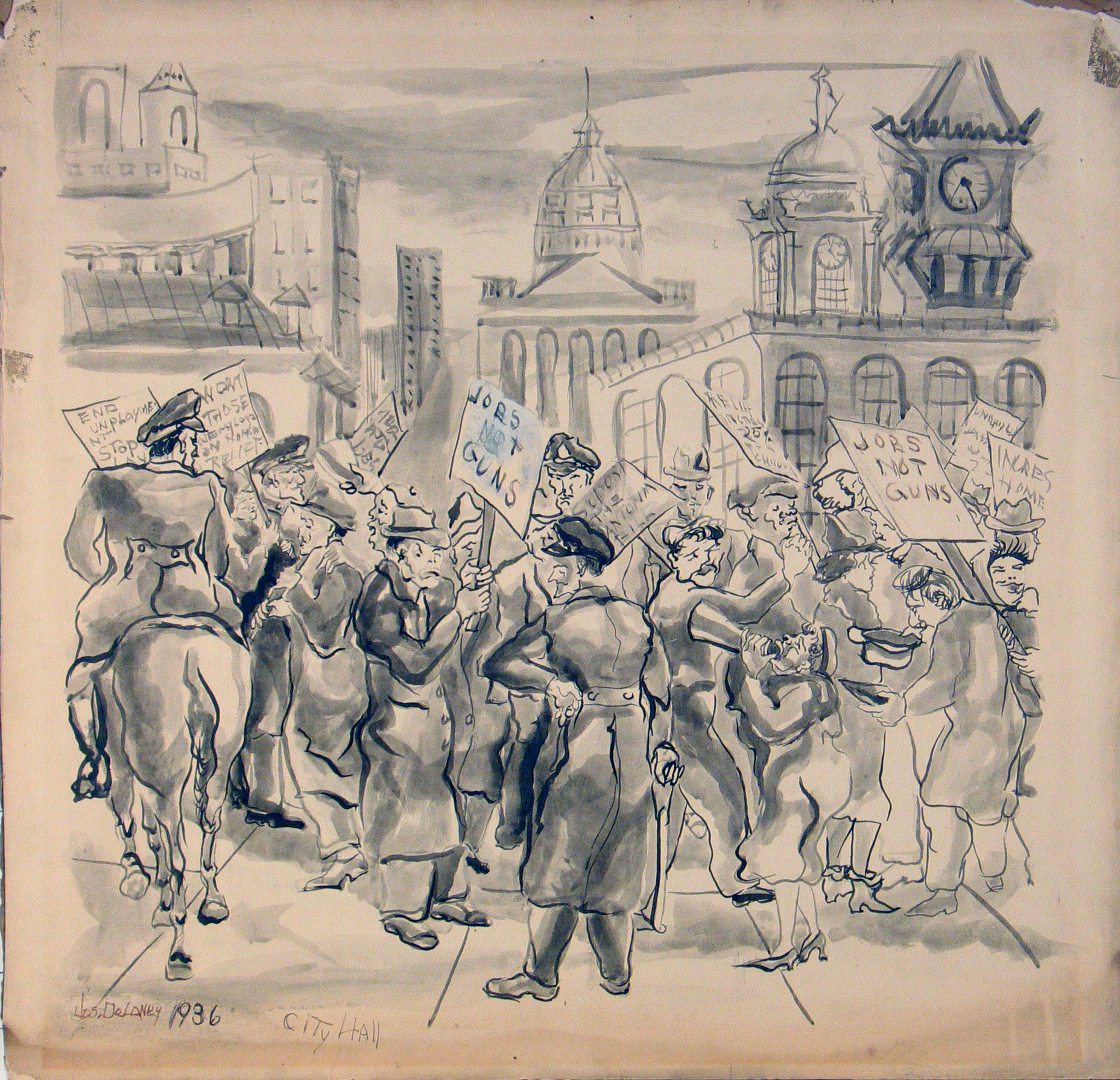 Joseph Delaney, City Hall Picket Line Jobs Not Guns, 1936, pencil and gouache on paper, 19 x 19 inches