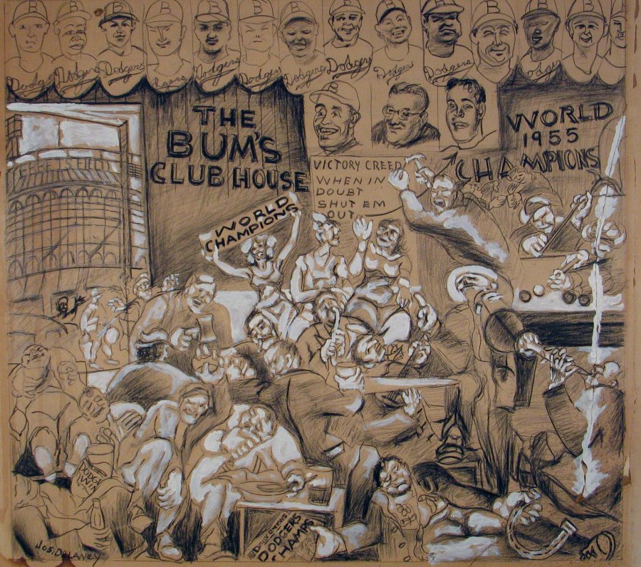 Joseph Delaney, The Bum’s Clubhouse, World Champion Dodgers, 1955, charcoal and pencil on paper, 28 x 31 inches