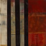 Tom Paiement, 3 Black Stripes, Red, White, and Gray, 2003, oil on wood, 21 x 21 inches, 2019.4.31