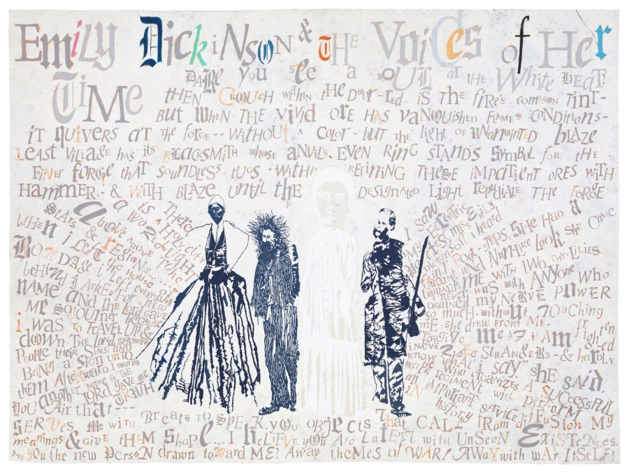 Lesley Dill, Emily Dickinson and the Voices of Her Time, 2016, oil paint, hand-cut paper, and thread on fabric-backed acrylic painted paper, 72 x 96 inches