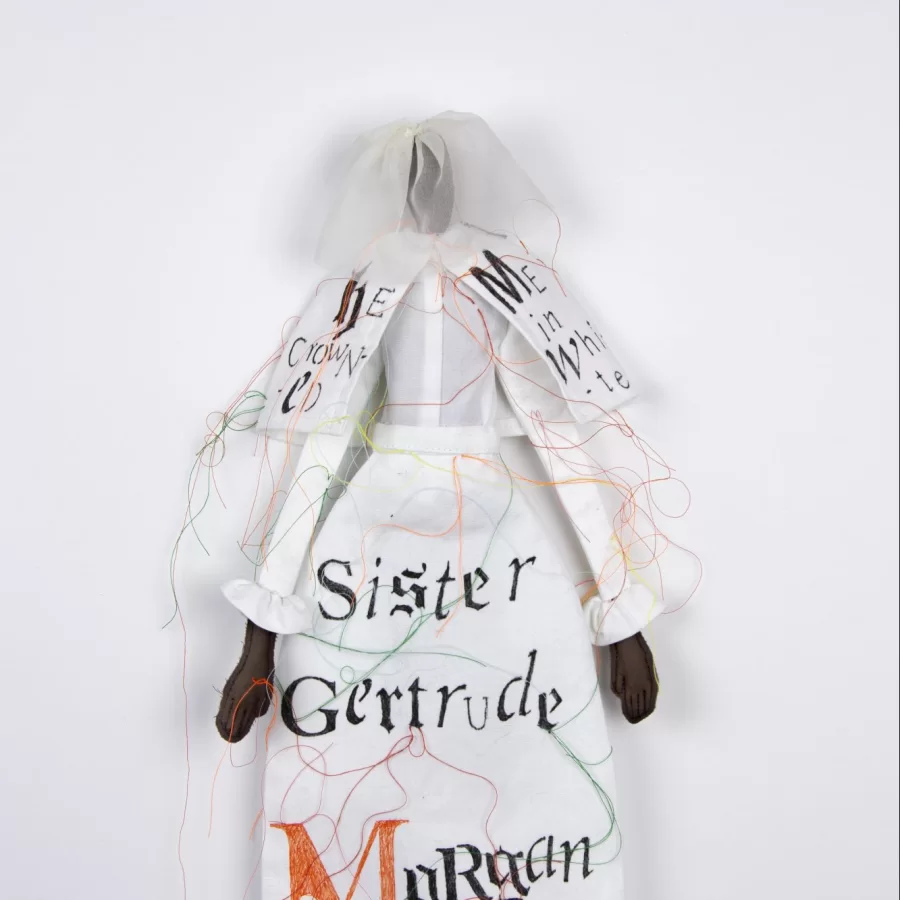 Revelation (Sister Gertrude Morgan), 2021 fabric, thread, and ink, 17 x 8 x 1 inches
