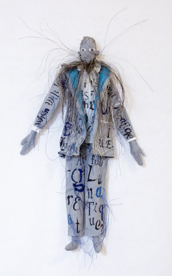 Lesley Dill, When Wilt Thou Be At Full Great Lunatique?, 2018, fabric, thread, ink, horsehair, 13.5 x 8 x 1 inches