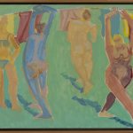 Lois Dodd, 4 Figures + Clothesline, 1999, oil on board, 13 x 20 1/8 inches, 2019.4.21