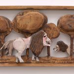 Bernard Langlais, Three Lions & Trees, n.d., carved and painted wood, 13 ¼ x 23 ¼ x 3 ½ inches, 2019.4.42