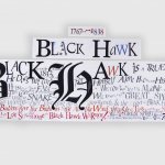 Lesley Dill, Black Hawk Banner Set, 2021, acrylic paint and hand-cut paper on cotton fabric, Story Banner: 36 x 144, Name Banner: 12 x 63, Date Banner: 6 x 22 inches