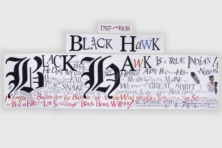 Lesley Dill, Black Hawk Banner Set, 2021, acrylic paint and hand-cut paper on cotton fabric, Story Banner: 36 x 144, Name Banner: 12 x 63, Date Banner: 6 x 22 inches