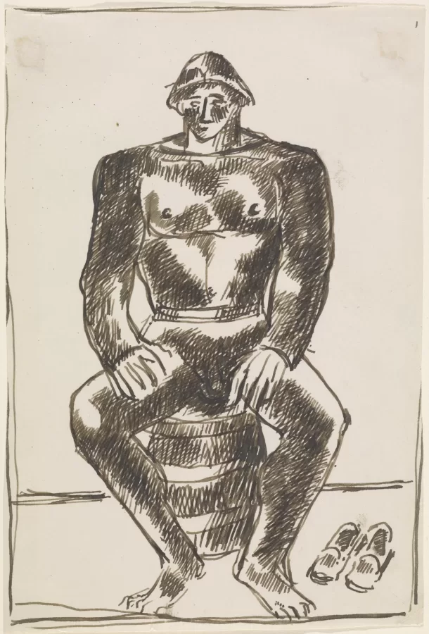 Marsden Hartley (1877-1943). [Study for Flaming American (Swim Champ)], ca. 1939-40, black ink on beige paper, 8 x 5 3/8 inches, Bates College Museum of Art, Marsden Hartley Memorial Collection, Gift of Norma Berger, 1955.1.43