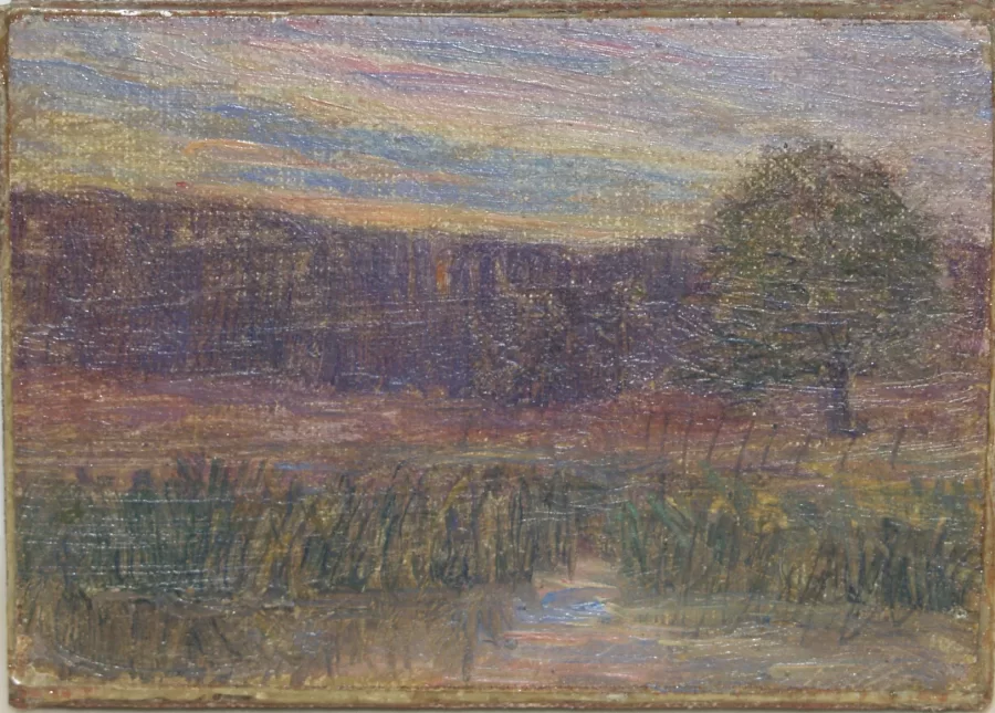 Marsden Hartley, [Landscape with Stream, Tree and Hills], ca. 1900-1905, oil on academy board, 3 x 4 1/8 x 1 1/4 in., Marsden Hartley Memorial Collection, Gift of Norma Berger, 1955.1.102
