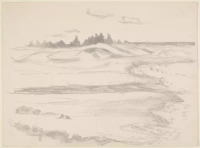 Marsden Hartley, [Seacoast with Sand Beach, Rocks, and Trees], ca. 1936-43, graphite on beige paper, 8 1/2 x 11 1/2 in., Marsden Hartley Memorial Collection, Gift of Norma Berger, 1955.1.24