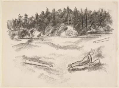 Marsden Hartley, [Seacoast with Trees, Rocks, and Driftwood], ca. 1936-43, lithographic crayon on white paper, 8 1/2 x 11 1/4 in., Marsden Hartley Memorial Collection, Gift of Norma Berger, 1955.1.27