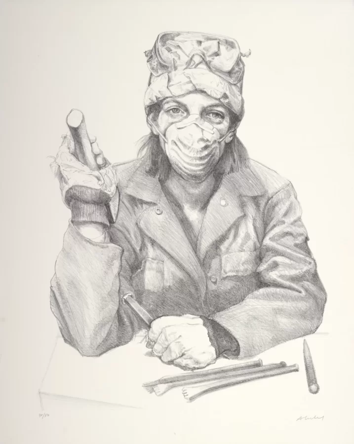 Sigmund Abeles, Pietrasanta Carver (Ann Merck), 1977, Lithograph on Rives BFK, 22 1/4 x 18 in., Bates College Museum of Art, Gift of the Artist, 1994.1.15