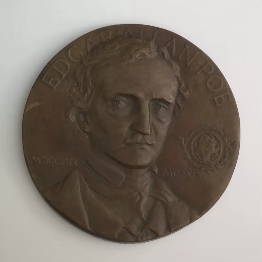 Edith Woodman Burroughs, Edgar Allan Poe Grolier Plaquette, 1909, 7 in., Bronze, cast by Roman Bronze Works, New York (unsigned),Bates College Museum of Art, Gift of John and Janet Marqusee, 1996.5.10  