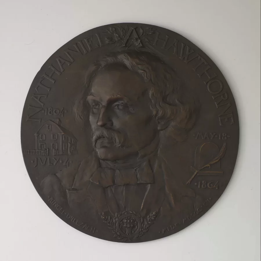 Jean-Désiré Ringel d'Illzach, Nathaniel Hawthorne Grolier Plaquette, 1892, Bronze, cast hollow by unknown foundry, 7 in., Bates College Museum of Art, gift of John and Janet Marqusee, 1996.5.17