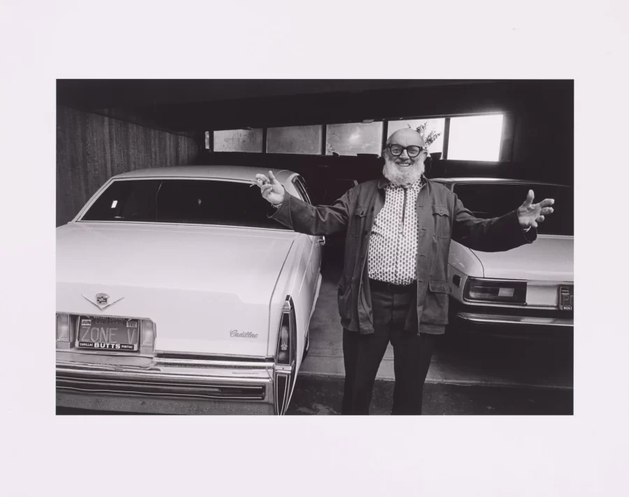 Lucien Clergue, Ansel Adams and his Cadillac, Zone V, Carmel, n.d., print, 16 in x 20 in., Bates College Museum of Art, Gift of Robert Flynn Johnson in memory of Dr. Robert Andrew Johnson, class of '36, 2019.6.13