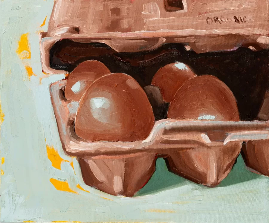 Avery Mathias, Carton of Eggs, 2024, oil on canvas, 12 x 10 inches
