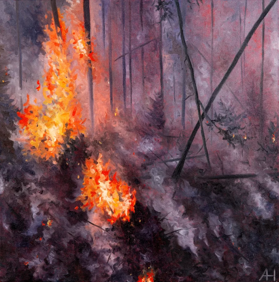 Amelia Hawkins, Fires of Blaine County, #3, 2024 , oil on canvas, 18 x 18 inches