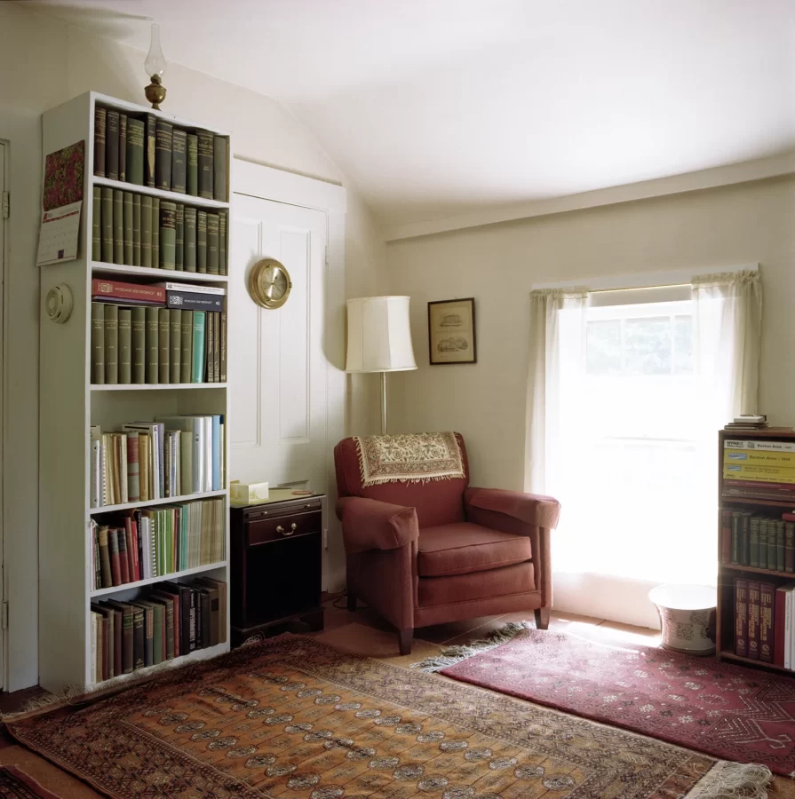 Art photograph of a therapists office with a plush chair for clients