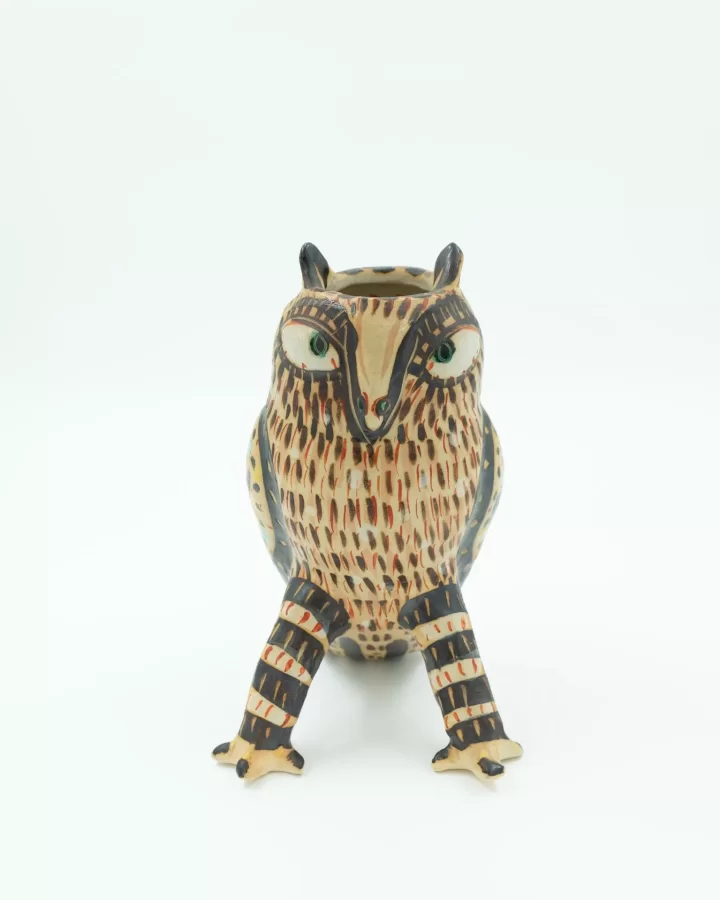 Akio Takamori, Owl Vessel, ca. 1982, porcelain, wheel thrown and altered, underglazes and glazes, 10 h x 61/2 w x 6 1/3 d inches. 