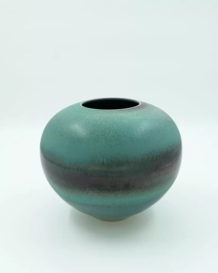 Mark Bell, Spherical Vase,  ca. 2011, porcelain, wheel thrown, sprayed glazes, 7 h x 8 ¾  dia. inches.