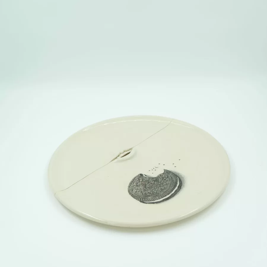 Verne Funk, Oreo Cookie Plate, ca. 1995, white stoneware, underglaze pencil, ¾  h x 15 dia. inches.