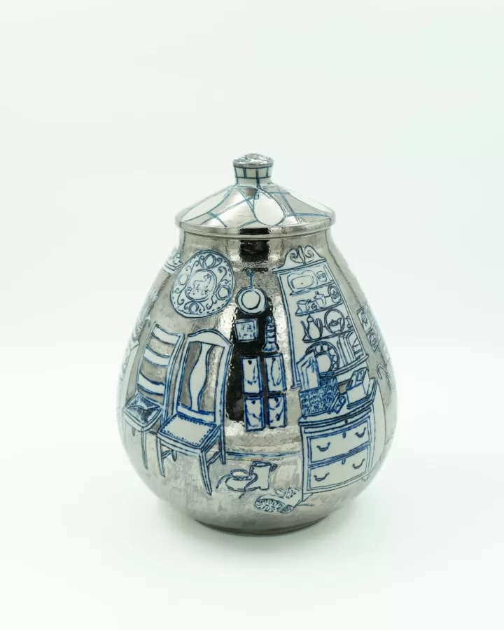 Julia Galloway, Covered Jar: Living Room Interior, 2016, porcelain, wheel thrown, soda fired, blue inlay slip and platinum luster, 12 h x 8 ¼  dia. inches.