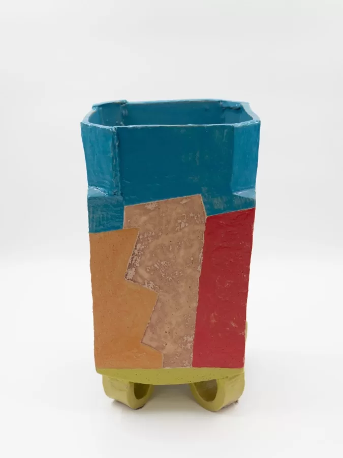 John Gill, Square Vase, 2016, stoneware, slab built, glazes, 13 ½  h x 7 ¼  w x 7 d inches.