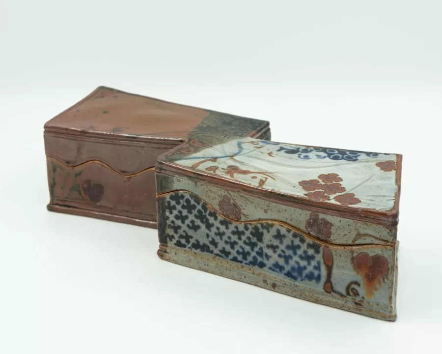 John Glick, Lidded Double Box with Oribe Décor, 1971, stoneware, hand built, glazes, 4 h x 14 ½  w x 5 d inches.
