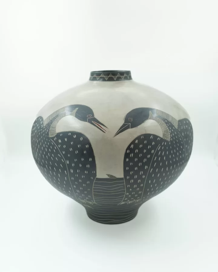 Melissa Leslie Greene, Fishing Loons Vessel, 2015, earthenware, wheel thrown, terra sigillata, sgraffito, smoke fired, 14 ¼  h x 14 dia. inches.
