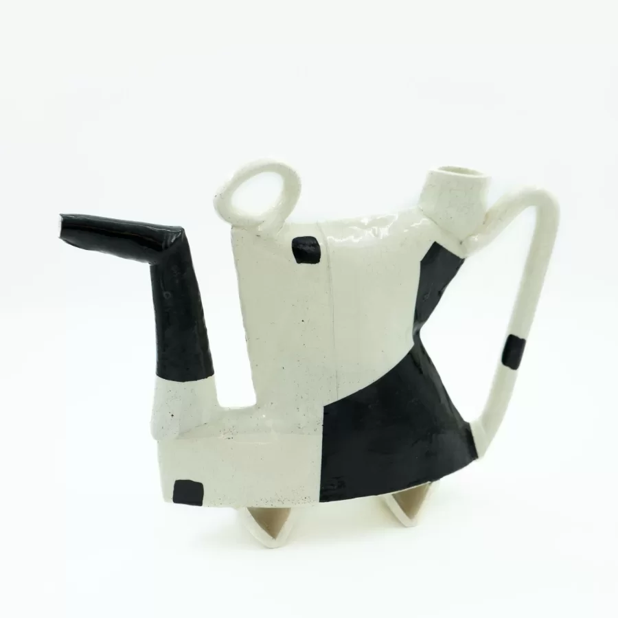 Mike Helke, Eccentric Ewer, ca. 2015, stoneware, hand built, slip and glazes, 10 ¾  h x 13 ¼  w x 3 ¼ d inches.