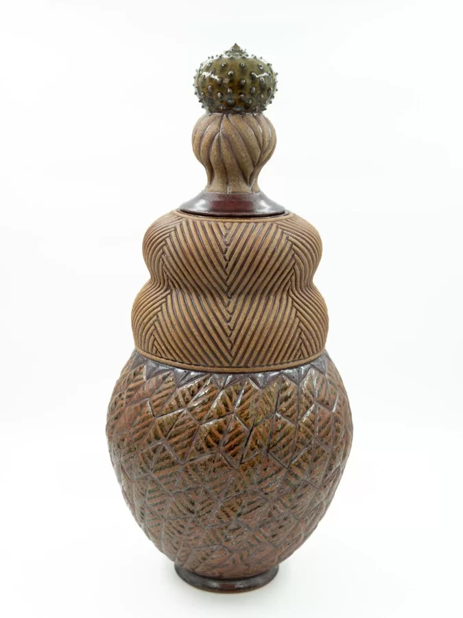 David R. MacDonald, Calabash Urn, #5, 2019, stoneware, wheel thrown, carved, glaze, 22 ½ h x 10 dia. inches.