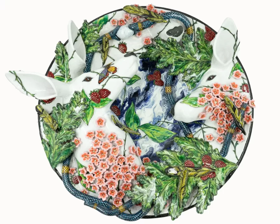 Farraday Newsome, Wall Plaque: Spring Moon, 2022, terracotta, hand built, glaze glazes, 25 h x 23 ½  w x 9 ¾  d inches.