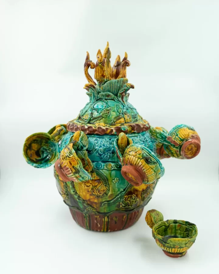 Lisa Orr, Covered Punch Pot with Eight Cups, ca. 2005, earthenware, incised, applied, slip and glazes, pot: 18 h x 11 dia. inches, cups: 3 h x 5 w x 3 ¾  dia. inches.