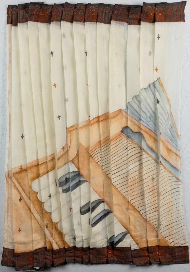 Aratrika Ghosh, हारमोनियम (Harmonium), 2026, watercolor on pleated saree, 30 x 46 inches