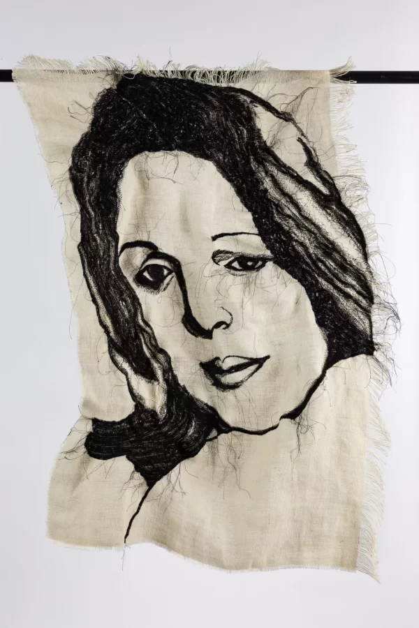 Bissan Kablawi, بدرية (Badriyeh), 2025-2026, thread on burlap, 43 x 29 inches