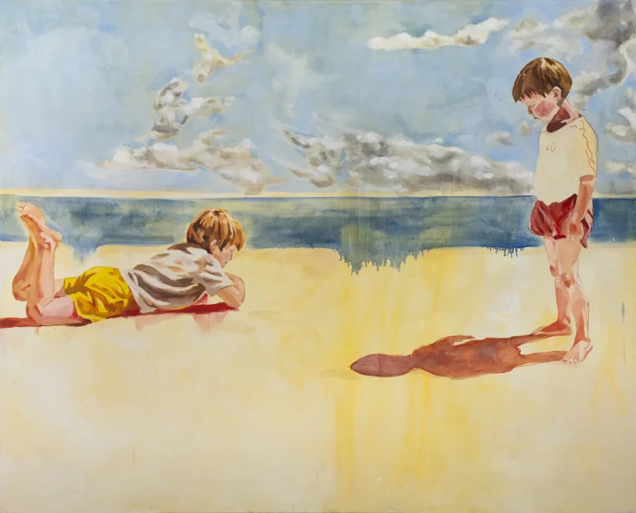 Mia Goodwin, Boys on the Beach, 2026, oil on canvas, 84 x 68 inches