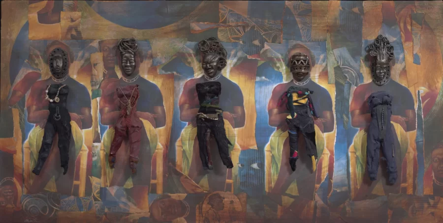 Image: Daniel Minter, Daughters of the Passage, 2020, print, acrylic, bronze, fabric on wood panel,&hellip;