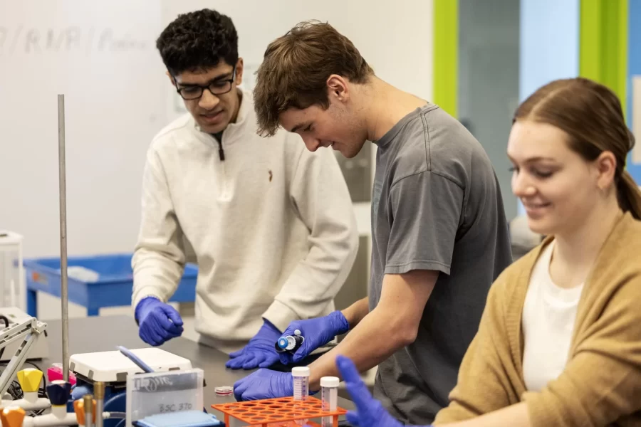 Zain Ali ‘27 of Lebanon, Ohio, left, Tim Johnson ‘27 of Brewster, Mass., center, and Cate Fleming ‘27 of Brookline, Mass.,during Lab-Based Biological Inquiry Cellular Neuroscience taught by Martin Kruse, associate professor of biology and neuroscience, in Bonney Science Center Room 370 on January 25, 2024. (Theophil Syslo | Bates College)